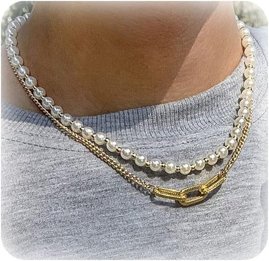 Korean Double Layered Gold Plated Pearl Chain for Girls & Women