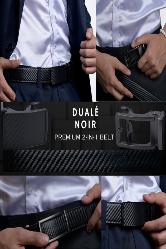DUALÉ NOIR : Premium 2-in-1 No-Hole Belt with Interchangeable Buckles