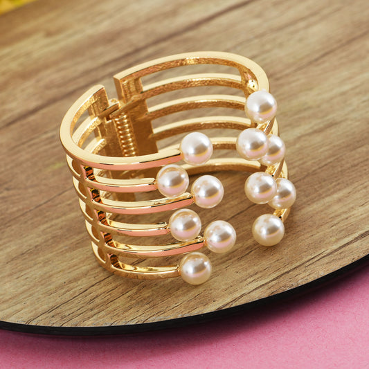 Golden Pearl Multi-Layer Crystal Butterfly Flower Bangle Bracelet