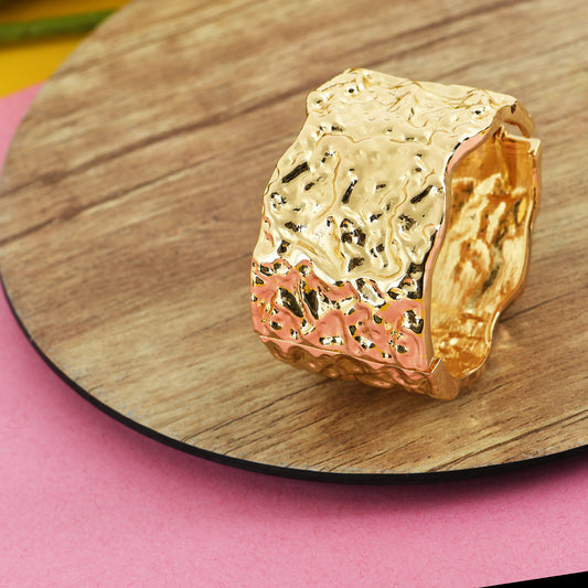 Bold Rough Hammered Gold Cuff Bracelet - Minimalist 18K Gold Plated Stacking Bangle for Everyday Wear