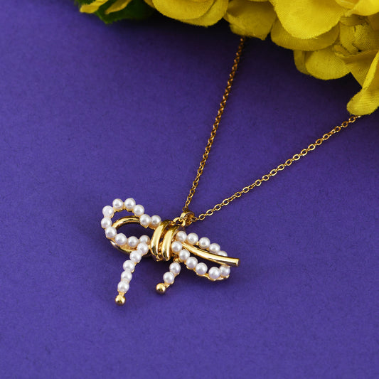 Bow Charm Dual Necklace with Pearls and Gold