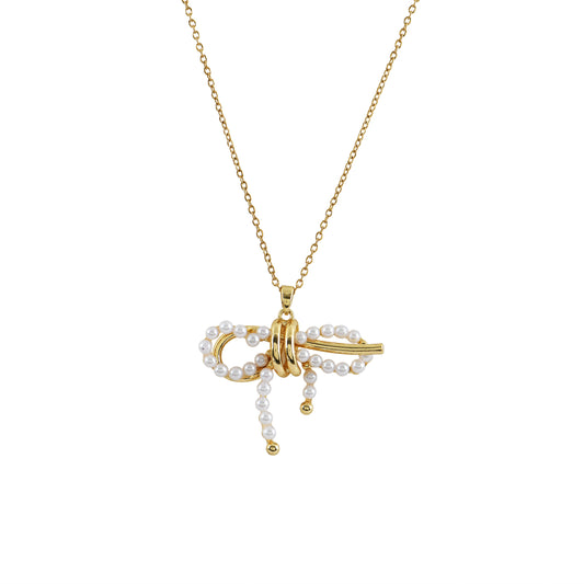Bow Charm Dual Necklace with Pearls and Gold