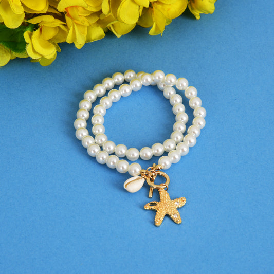 2in 1 collection - The Serene Shell - Rhinestone Faux Planet Saturn Pearl Necklace & Bracelet