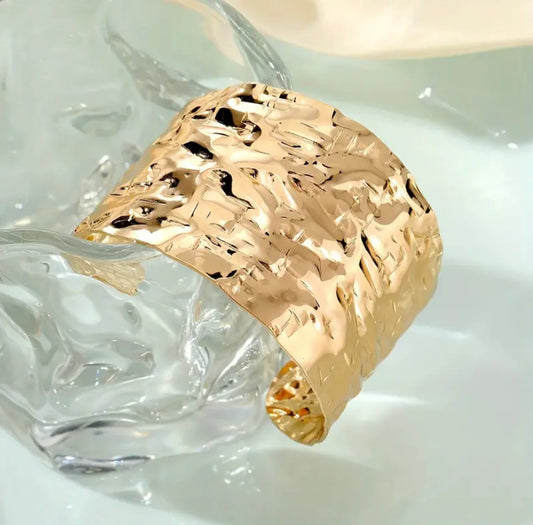 Bold Rough Hammered Gold Cuff Bracelet - Minimalist 18K Gold Plated Stacking Bangle for Everyday Wear