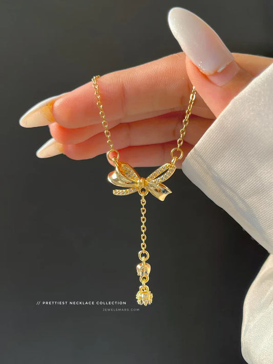 Stainless Steel Gold Plated Bow Charm Necklace