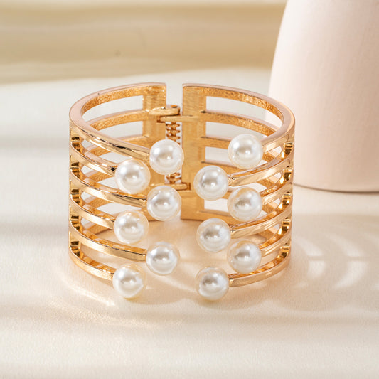 Golden Pearl Multi-Layer Crystal Butterfly Flower Bangle Bracelet